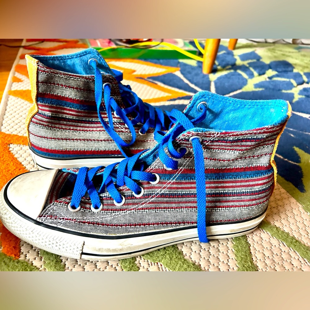 Gray, Red and Blue Striped Converse High Tops with Brown Suede Accents